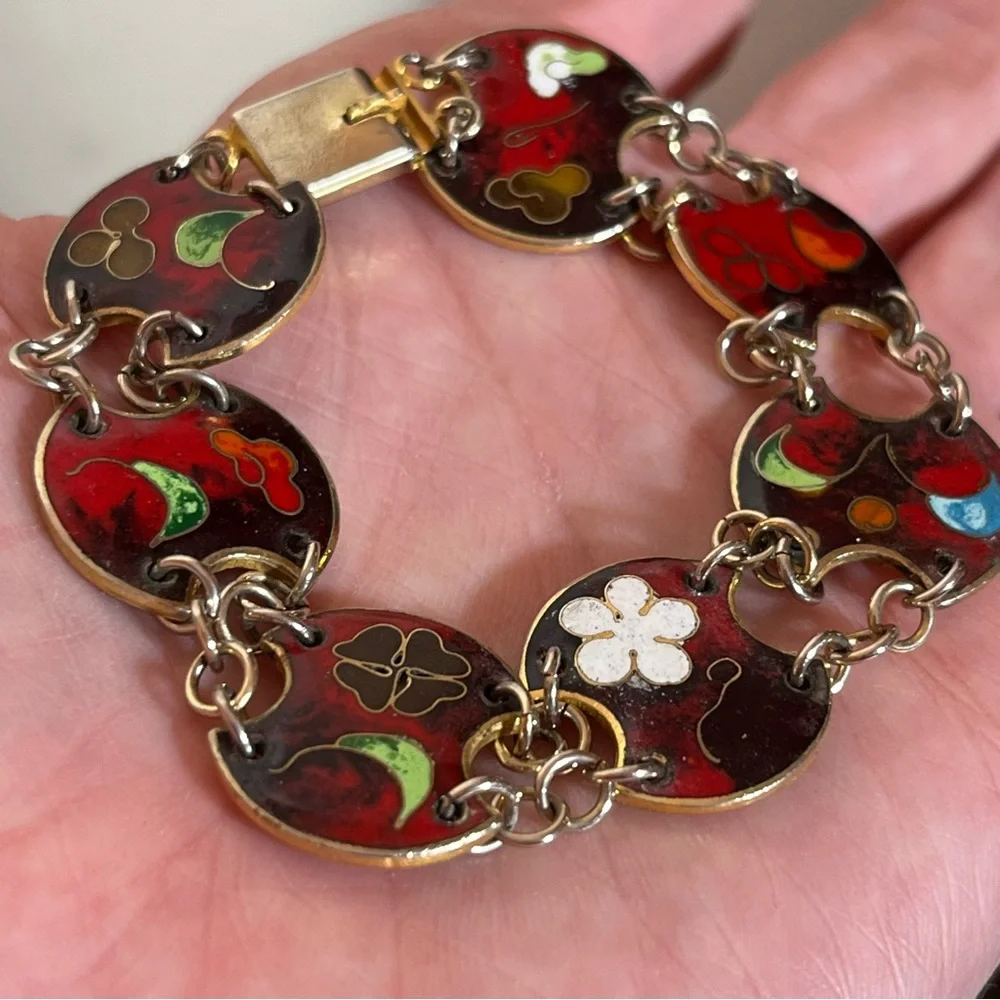 Vintage 60 70 Bohemian Red Enameled Double link made in Taiwan Mod MCM Bracelet - Picture 8 of 16